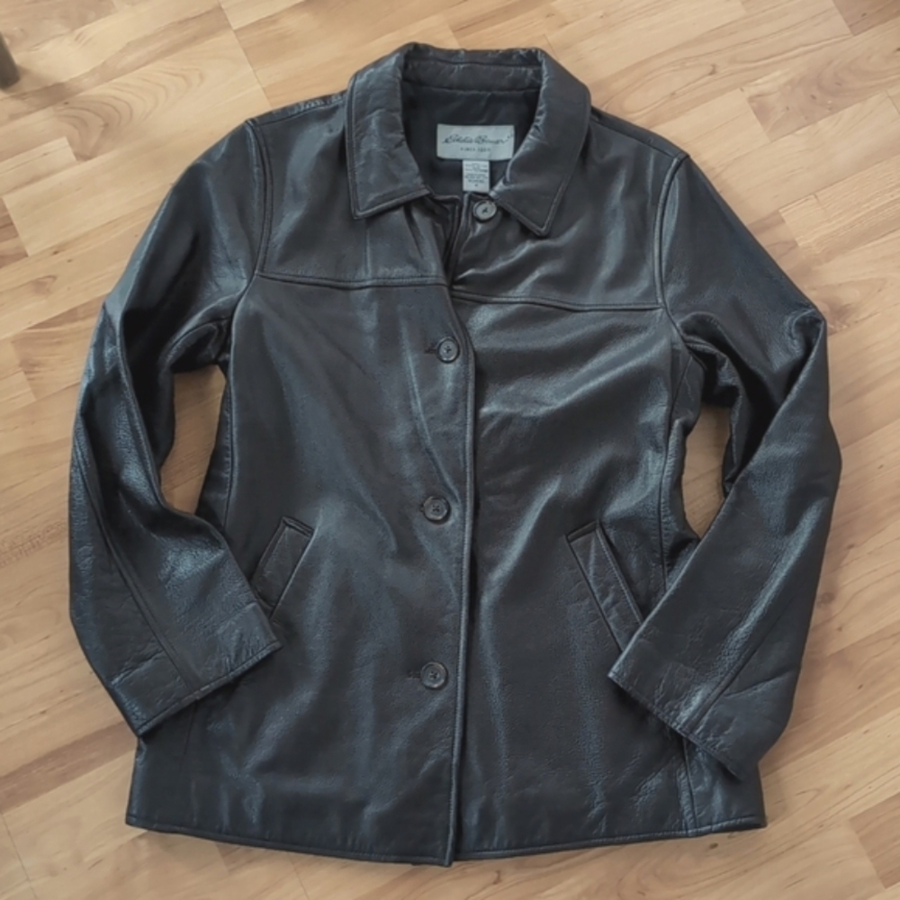 Eddie Bauer Vtg 90s Leather Jacket Medium Brown Button Front Lined
